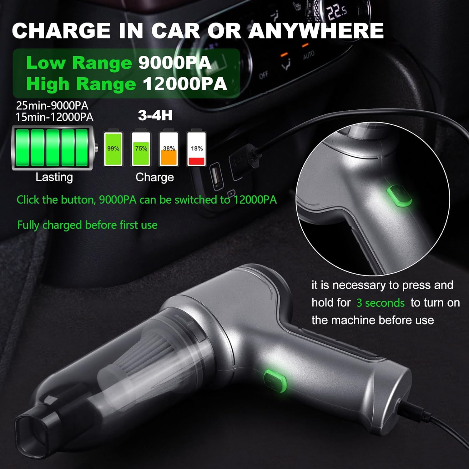 PortGun™ 12000 Pa Upgraded Technology Rechargeable 4 in 1 Wireless Car Vacuum Gun