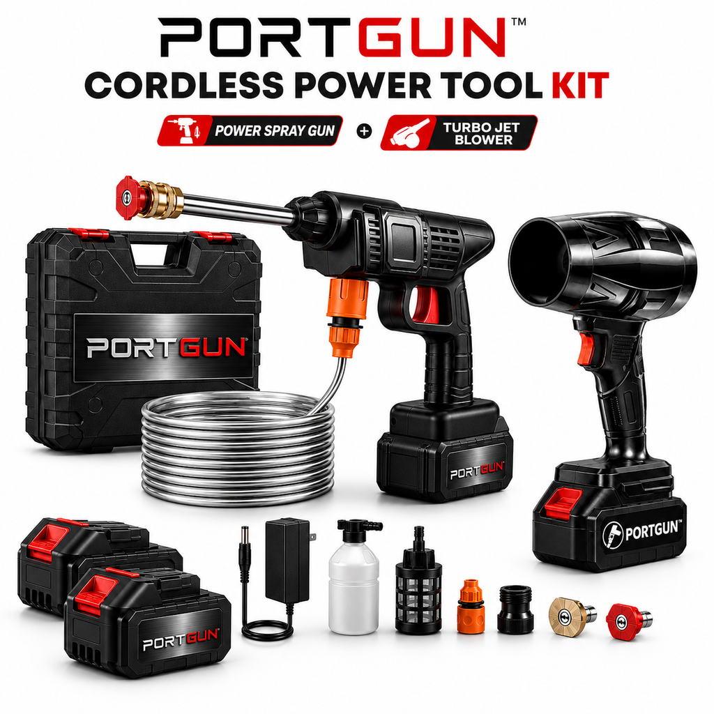 PORTGUN™ PRO Cleaning Kit | JETGUN & Pressure Washer | Free Travel Case | 3 Batteries 4000mAh