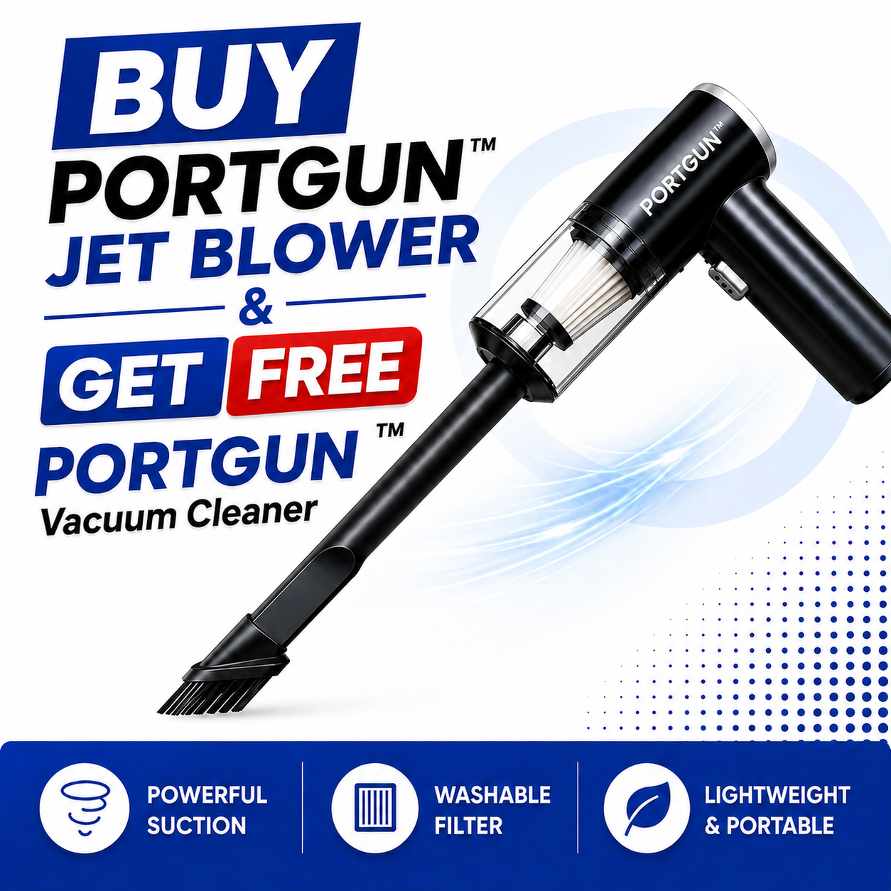PORTGUN™ Ultra Powerful 200000 RPM Cordless Turbo Jet Blower | 4000mAh Battery | For Cars, Home, PCs & Outdoor Cleaning | FREE Vacuum Cleaner Included