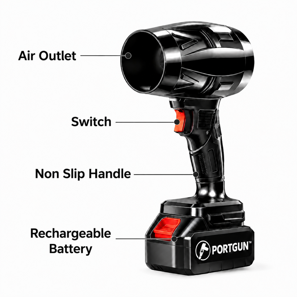 PORTGUN™ Ultra Powerful 200000 RPM Cordless Turbo Jet Blower | 4000mAh Battery | For Cars, Home, PCs & Outdoor Cleaning | FREE Vacuum Cleaner Included