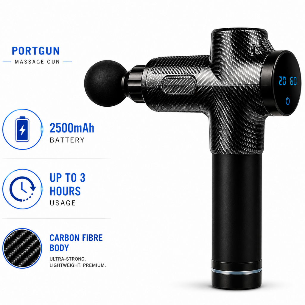 PORTGUN™ PRO Deep Tissue Massage Gun – Carbon Fibre, High Power Muscle Recovery