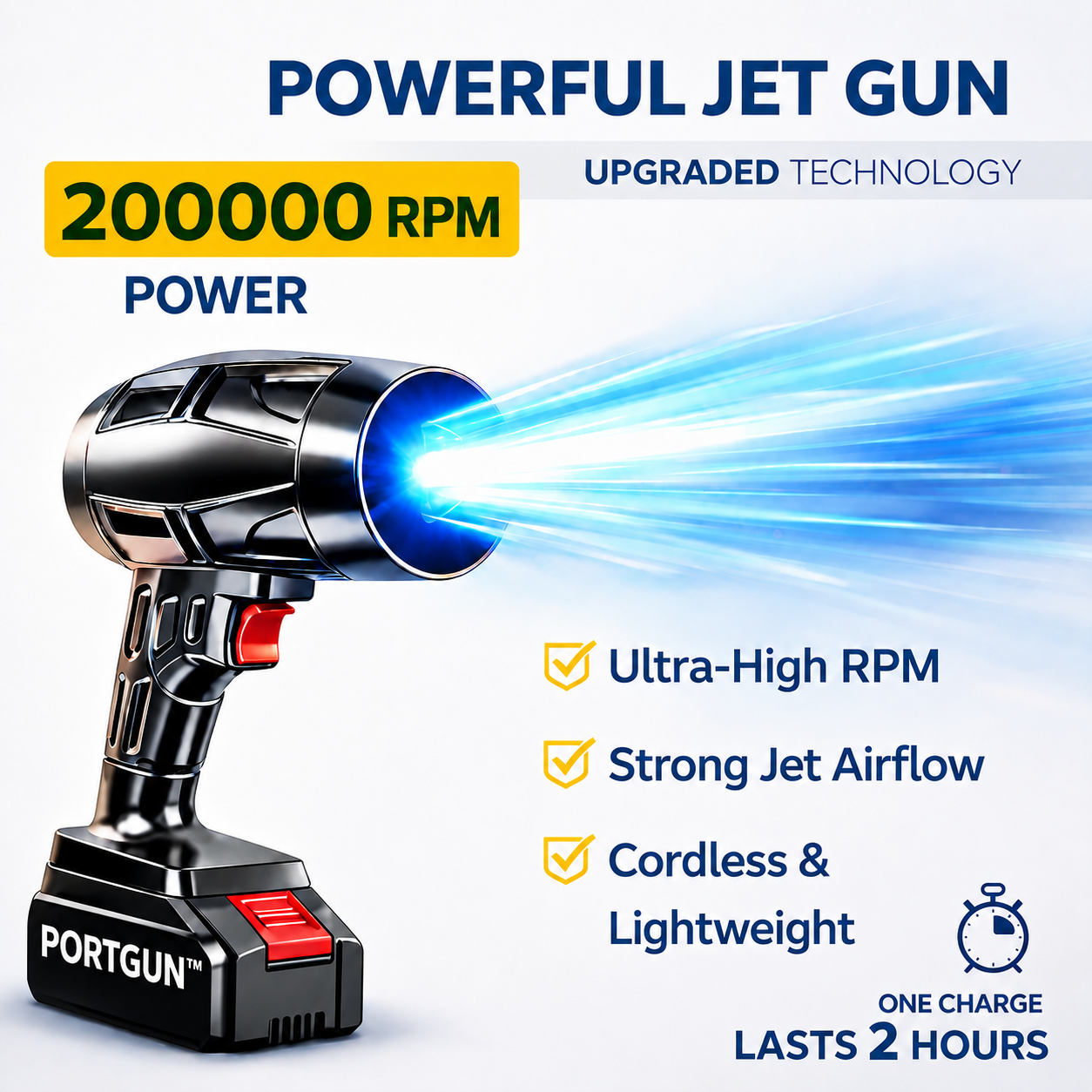 PORTGUN™ Ultra Powerful 200000 RPM Cordless Turbo Jet Blower | 4000mAh Battery | For Cars, Home, PCs & Outdoor Cleaning | FREE Vacuum Cleaner Included