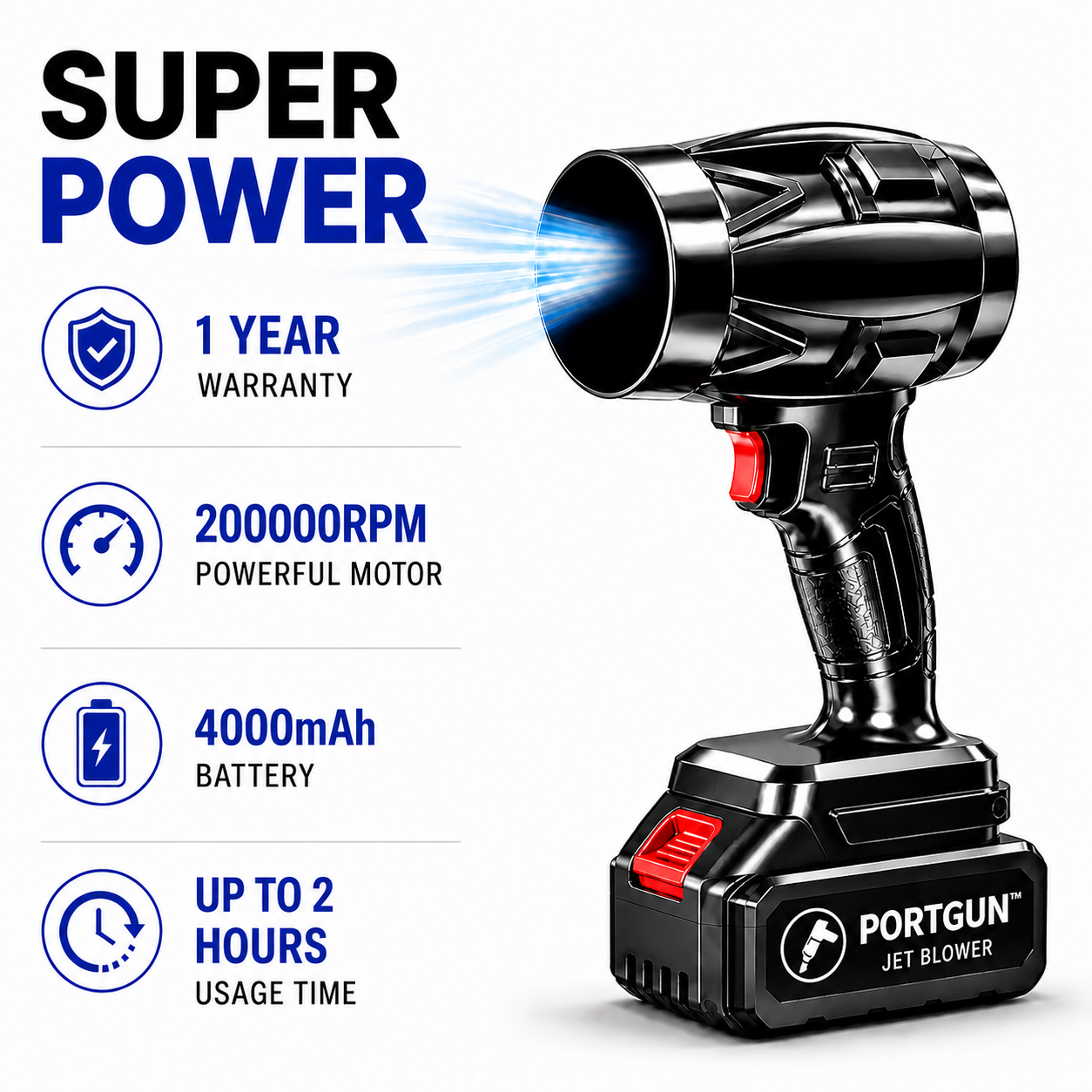 PORTGUN™ Ultra Powerful 200000 RPM Cordless Turbo Jet Blower | 4000mAh Battery | For Cars, Home, PCs & Outdoor Cleaning | FREE Vacuum Cleaner Included