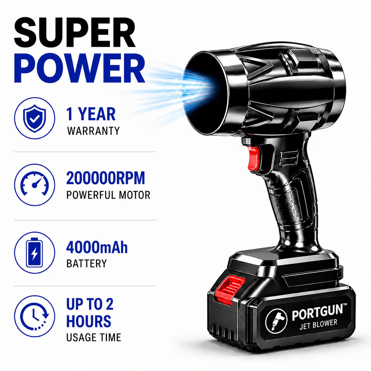 PORTGUN™ Ultra Powerful 200,000 RPM Cordless Turbo Jet Blower for Cars, Bike, Home, PCs & Keyboards