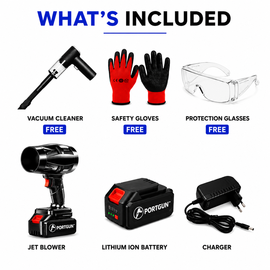 PORTGUN™ Ultra Powerful 200000 RPM Cordless Turbo Jet Blower | 4000mAh Battery | For Cars, Home, PCs & Outdoor Cleaning | FREE Vacuum Cleaner Included