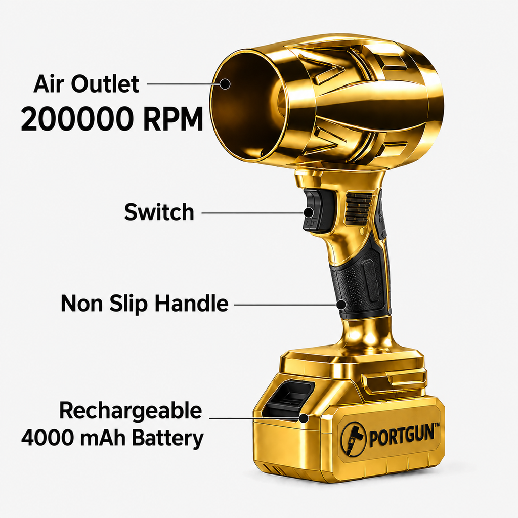 PORTGUN™ Ultra Powerful 200000 RPM Cordless Turbo Jet Blower | 4000mAh Battery | For Cars, Home, PCs & Outdoor Cleaning | FREE Vacuum Cleaner Included