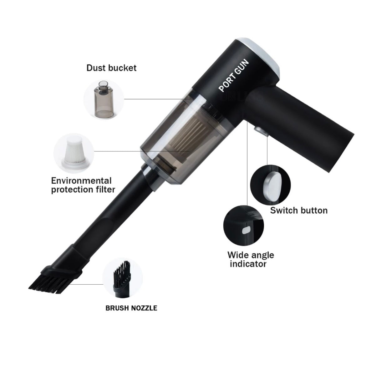 PortGun™ 9000 Pa Suction Power Rechargeable 3 in 1 Wireless Car Vacuum Gun